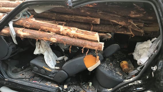 Driver miraculously survives after his vehicle is impaled by logs from truck