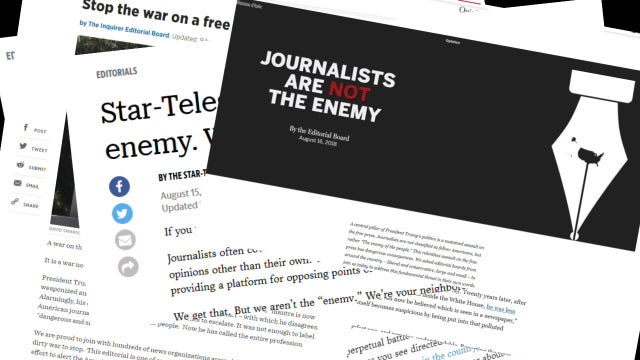 Newspapers nationwide denouncing Trump's attacks on the press