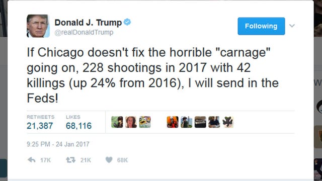 Trump vows to 'send in the Feds' to Chicago if it can't reduce homicides