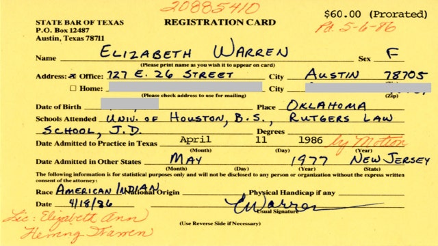 Elizabeth Warren listed race as 'American Indian' in newly revealed Texas State Bar card from 1986