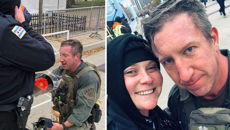 Chicago Police Officer Erin Gubala with SWAT Sgt. Mike Nowacki got engaged Sunday after Nowacki ran the Hot Chocolate 15k in full gear and reviving another runner. (Chicago Police Department)
