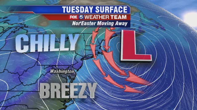 Chilly, breezy Tuesday; passing snow flurry possible overnight