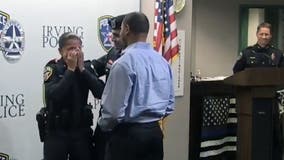 Police officer bursts into tears when military son surprises her at swearing-in ceremony