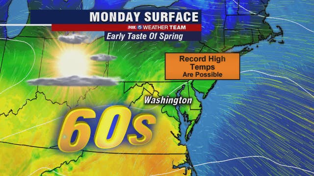 Springlike temperatures in the 60s Monday could bring record warmth to the DC region