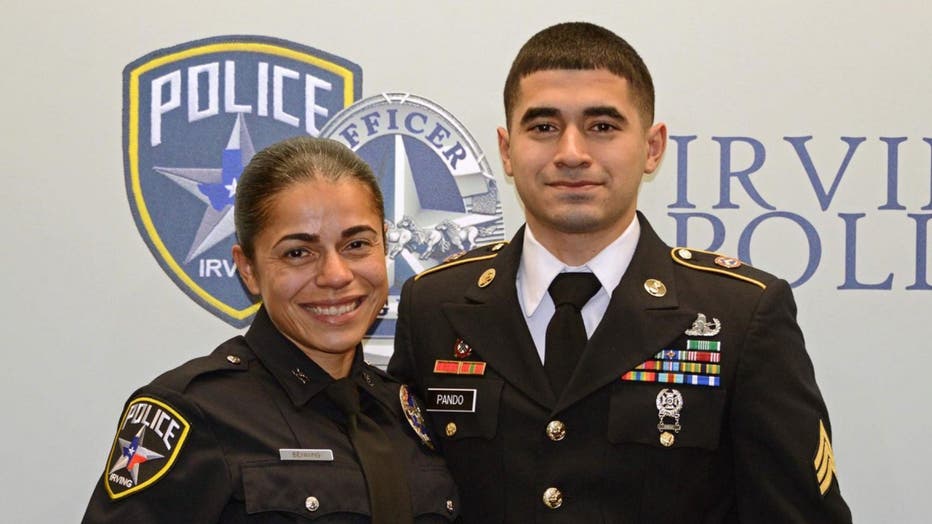 Irving Police Officer Erika Benning with her son, Sgt. Giovanni Pando. 