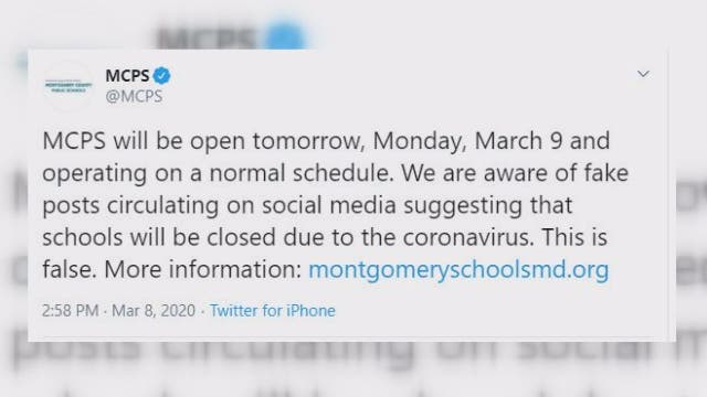 Montgomery County Public Schools open Monday despite online posts suggesting closures due to coronavirus, officials say