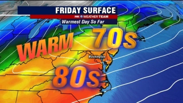 Warm, possible showers Friday as first full day of spring brings highs near 80 degrees