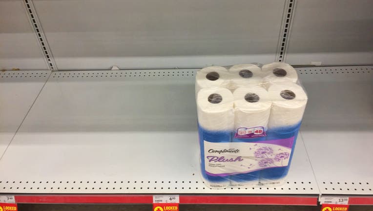 Almost empty shelves of toilet paper seen in a grocery store in Toronto, Ontario Canada on March 4, 2020. 