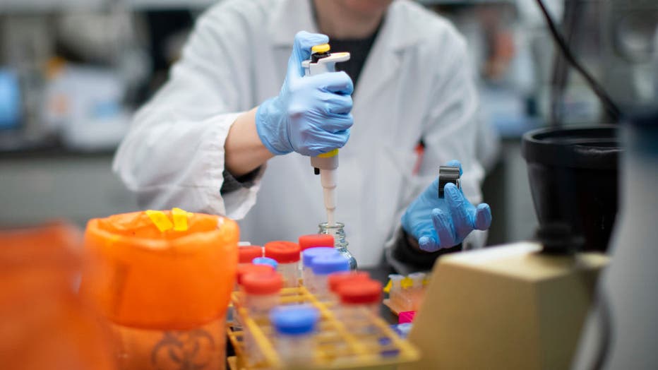 A researcher works in a lab that is developing testing for the COVID-19 coronavirus at Hackensack Meridian Health Center for Discovery and Innovation on Feb. 28, 2020 in Nutley, New Jersey. 