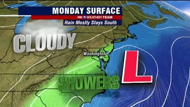 Cool, cloudy, isolated showers possible Monday