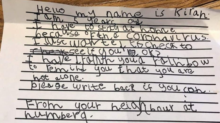 5-year-old Kirah writes letter to 93-year-old neighbor to check up on him during quarantine.