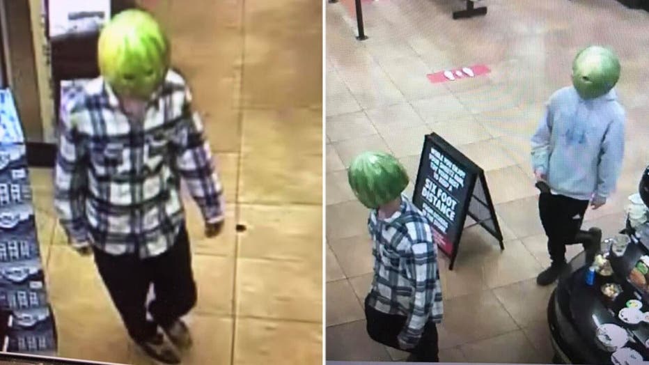 A Virginia police department released photos of two larceny suspects who they said pulled off the crime while wearing hollowed-out watermelon rinds with holes cut out for the eyes.