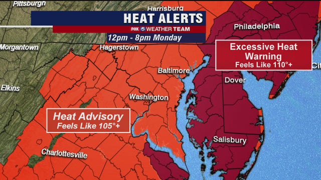 Dangerous heat, humidity Monday in DC region with heat index values near 105 degrees