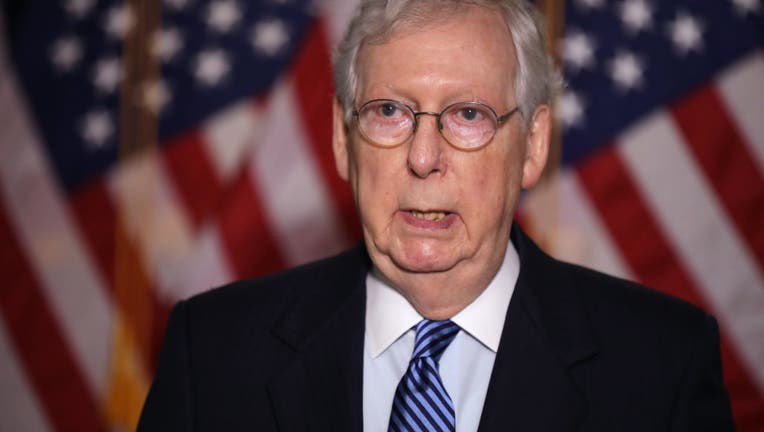 U.S. Senate Majority Leader Mitch McConnell (R-KY) talks to reporters following the weekly Republican policy luncheon in the Hart Senate Office Building on Capitol Hill Sept. 15, 2020 in Washington, D.C. (Photo by Chip Somodevilla/Getty Images)