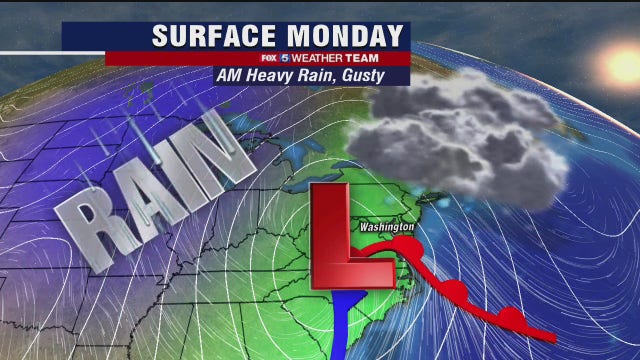 Heavy rain, gusty winds Monday with warm temperatures in the upper-60s