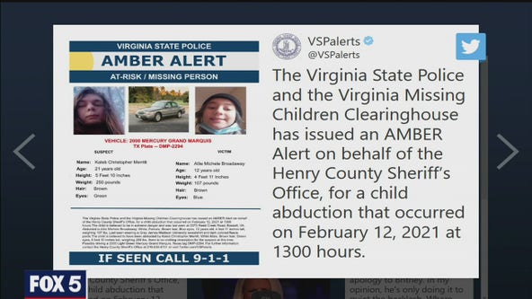 Amber Alert issued in Virginia for 12-year-old girl