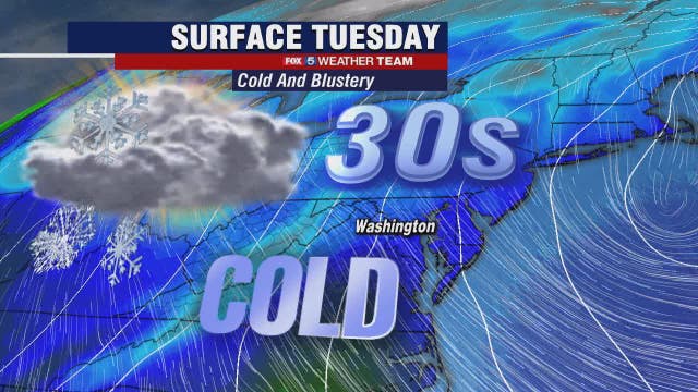 Passing snow showers Tuesday; cold, windy with temperatures in the 30s