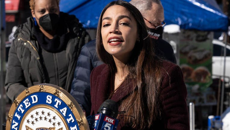FILE - Rep. Alexandria Ocasio-Cortez speaks during joint announcement with Senator Chuck Schumer on Feb. 8, 2021 in New York City. (Photo by Lev Radin/Pacific Press/LightRocket via Getty Images)