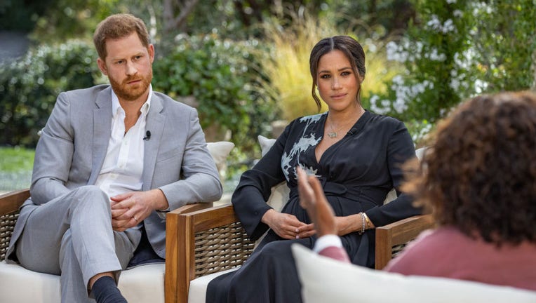 In this handout image provided by Harpo Productions, Oprah Winfrey interviews Prince Harry and Meghan Markle on A CBS Primetime Special premiering on CBS on March 7, 2021. (Photo by Harpo Productions/Joe Pugliese via Getty Images)
