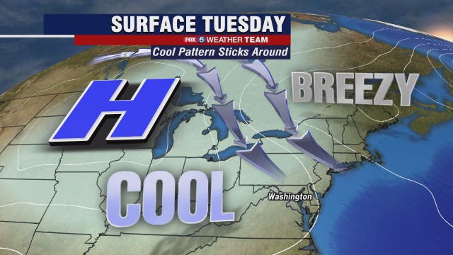 Sunny, cool Tuesday with passing afternoon shower possible