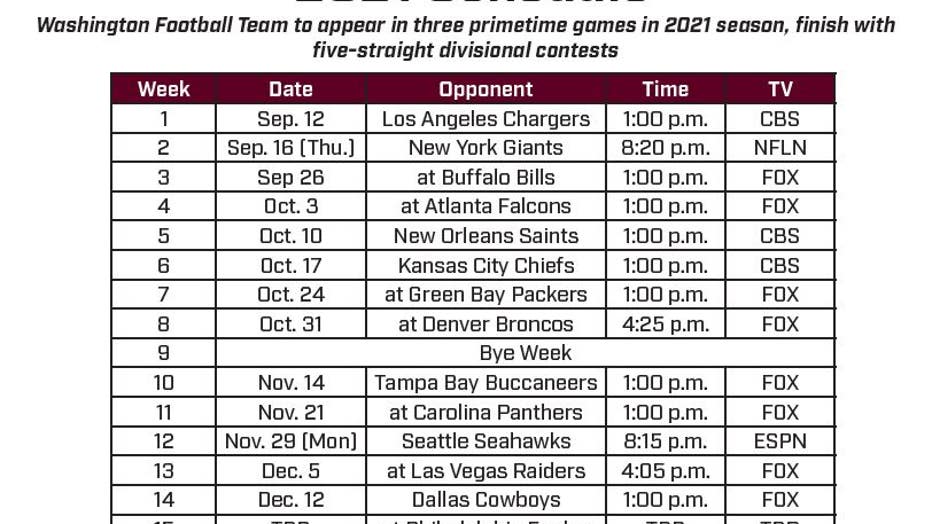 Washington Football Team releases 2021 schedule