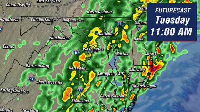 Rain through early afternoon Tuesday; dry evening skies with highs in the upper-70s