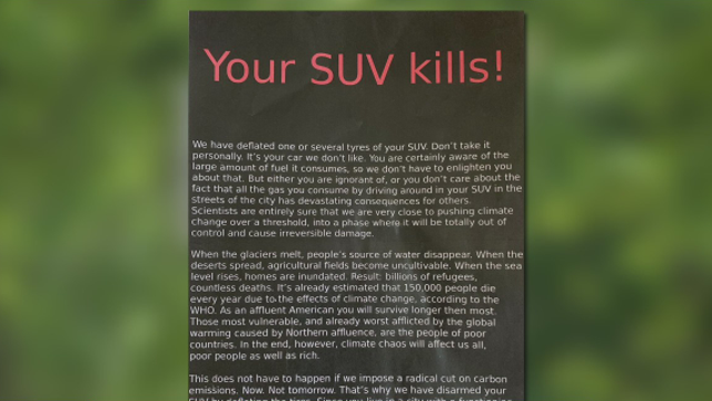 'Your SUV kills!': Several car tires deflated in N. Arlington, vandals leave note explaining why
