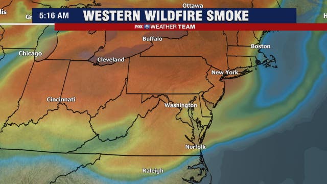 Wildfire smoke from the west filters sunshine in the DC region Tuesday and Wednesday