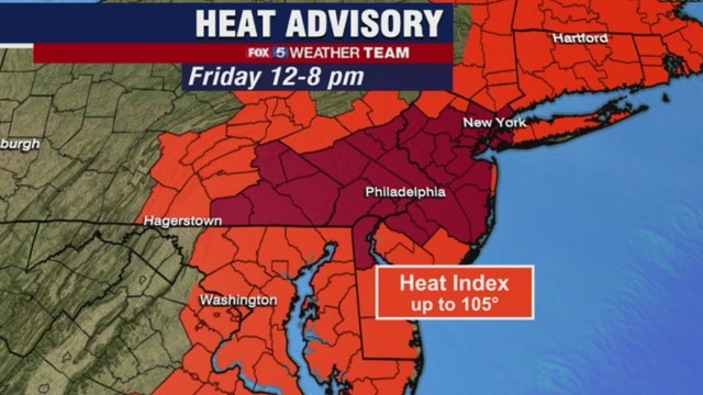 Heat Advisory Friday with highs in the mid-90s, heat index near 100 degrees; evening storms possible