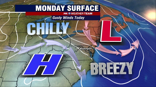 Chilly, breezy Monday with highs in the 50s