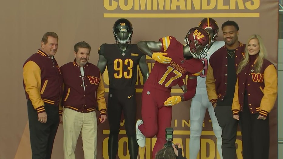Washington Commanders jerseys are displayed at an event to unveil the NFL  football team's new identity, Wednesday, Feb. 2, 2022, in Landover, Md. The  new name comes 18 months after the once-storied