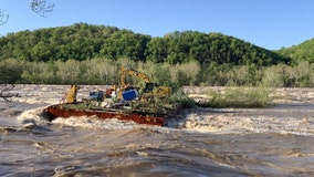 Barges break free in Potomac River near Harpers Ferry; high water levels impact DC area roads