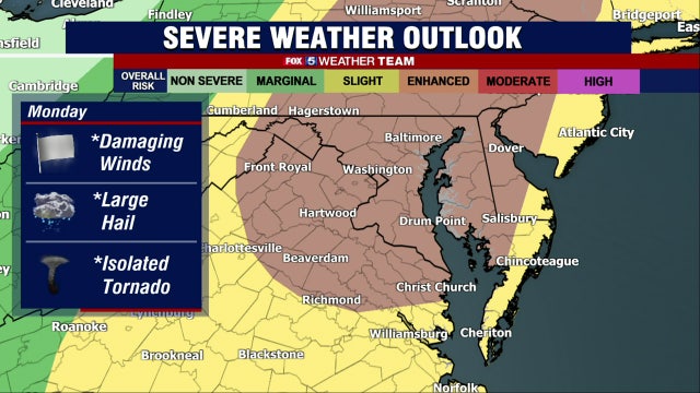 Severe thunderstorms, isolated tornado risk Monday; highs in the 80s
