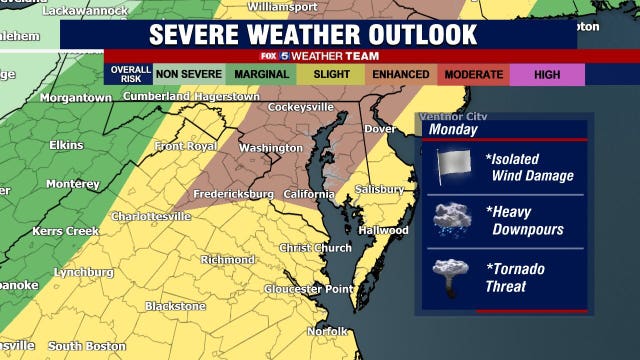 Hot and humid Sunday with storms expected later; Enhanced risk for severe storms Monday