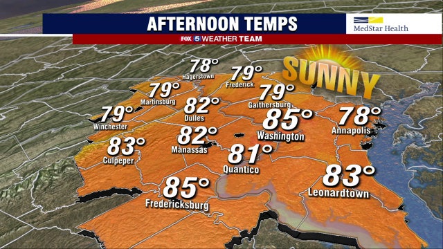 Thursday sunshine with highs near 85; chance for afternoon showers