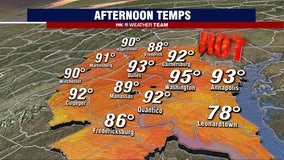 DC Heat Wave: Hot, humid Monday with highs near 95 degrees; strong afternoon and evening storms
