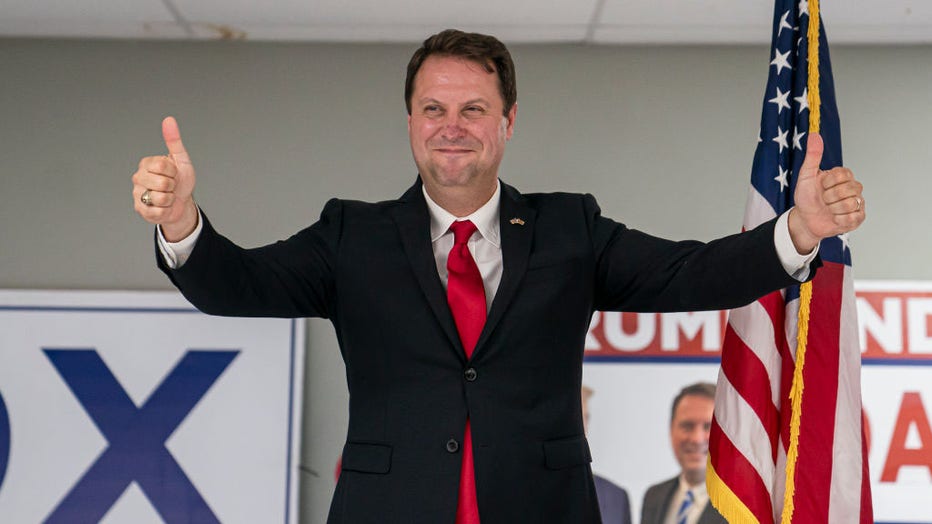 Dan Cox, a candidate for the Republican gubernatorial nomination, reacts to his primary win on July 19, 2022, in Emmitsburg, Maryland. (Photo by Nathan Howard/Getty Images)