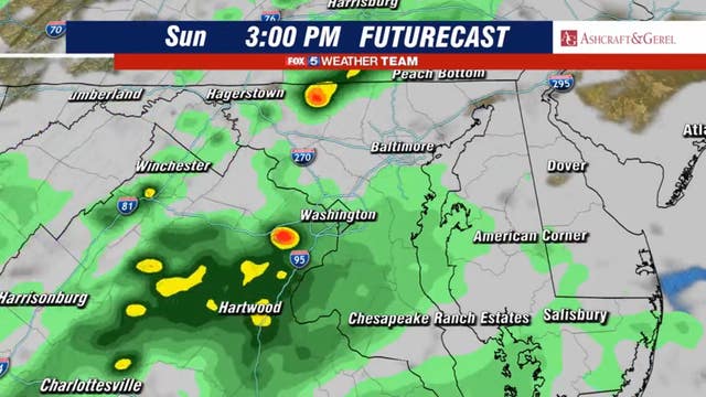 Widespread showers move into DC region Sunday afternoon; More storms expected Monday