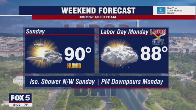 Humid, mostly clear Sunday across DC region; Storms possible Labor Day Monday