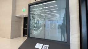 Shattered glass sculpture of VP Harris at MLK library