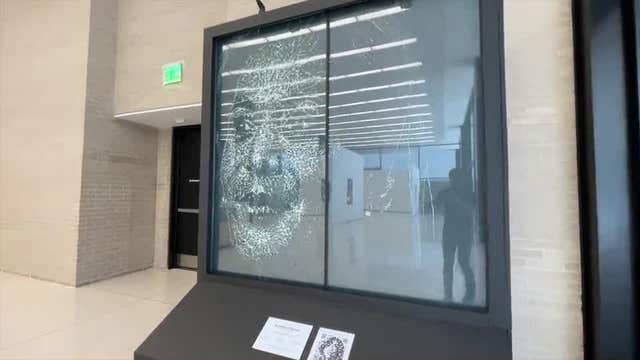Shattered glass sculpture of VP Harris at MLK library
