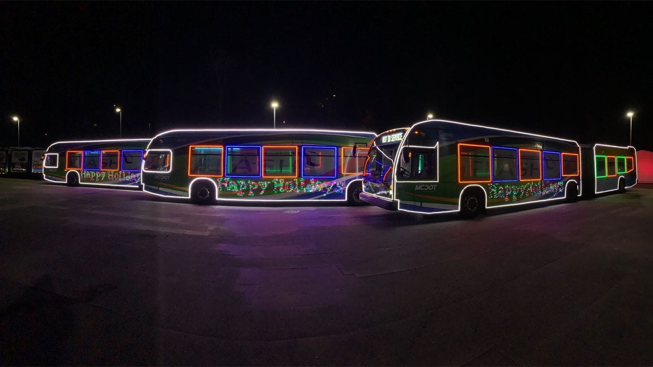 Flash buses decorated for the holidays in Montgomery County