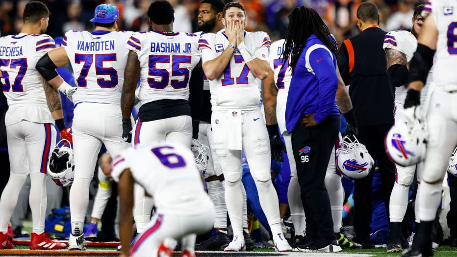 Josh Allen #17 of the Buffalo Bills reacts to an injury sustained by Damar Hamlin #3 during the first quarter of an NFL football game against the Cincinnati Bengals at Paycor Stadium on Jan. 2, 2023, in Cincinnati, Ohio. (Photo by Kevin Sabitus/Getty Images)