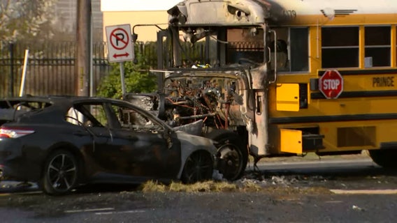 School bus involved in fiery head-on collision in Prince George's County; driver of car fled scene