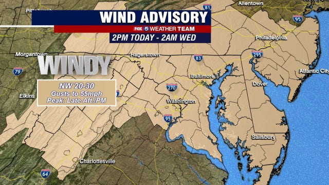 DC weather: Wind Advisory in place across region; gusts could reach 55 mph