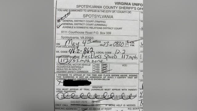 16-year-old Spotsylvania County driver caught speeding 117 MPH in a 55 MPH zone