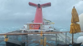 Cruise ship Carnival Sunshine pounded by large waves during coastal storm near Charleston, South Carolina