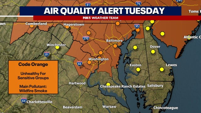 Wildfire smoke prompts air quality alerts in DC area Tuesday; hot, humid with isolated storms