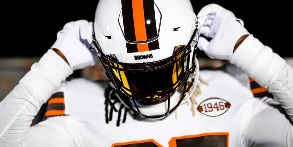 A Cleveland Browns helmet on the field prior to the National