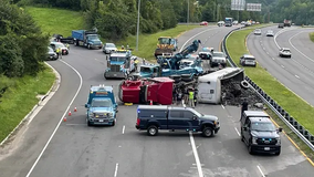 Tractor trailer overturns on Fairfax County road, causing road closure